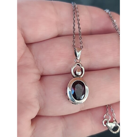 925 Sterling Silver Garnet Pendant Necklace Vintage - Picture 3 of 10